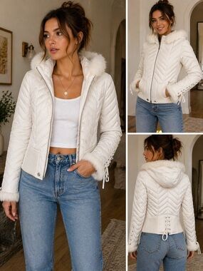 Bebe White Quilted Faux Fur Trim Puffer Jacket ❄️✨